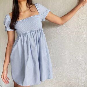 Aritzia Sunday Best Sz L Hadley Blue Striped Coastal Puff Sleeves Mini Dress